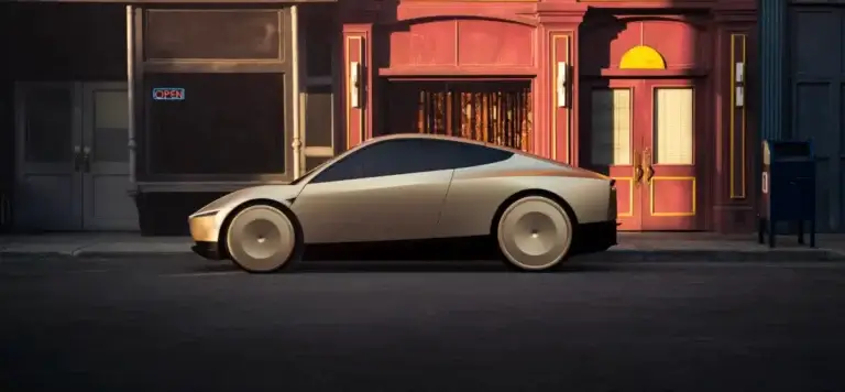 Tesla 'Robotaxi' in front of a building.