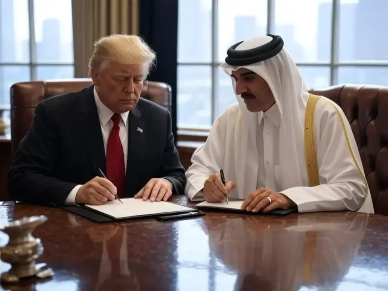 President Trump and the Leader of Qatar signing documents.