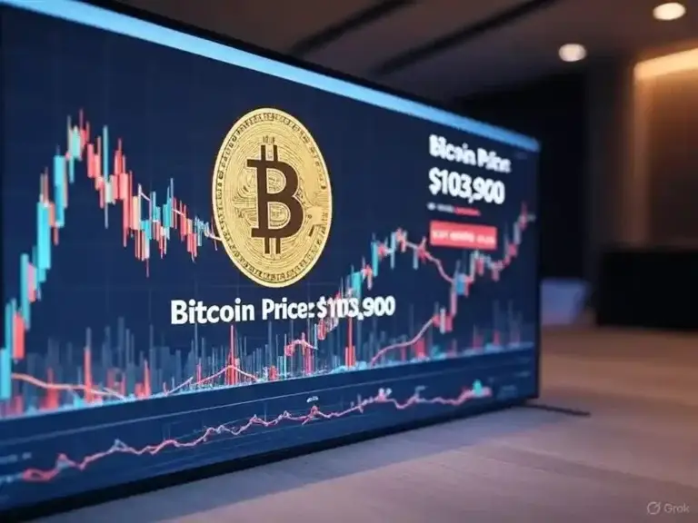 Bitcoin chart on a large screen with the bitcoin logo near the center of the screen.