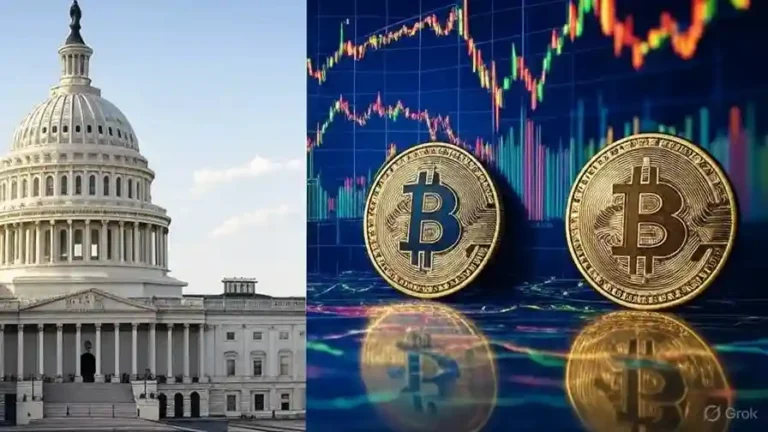 picture of capitol hill, stock market chart with 2 bitcoin coins in front of the chart.