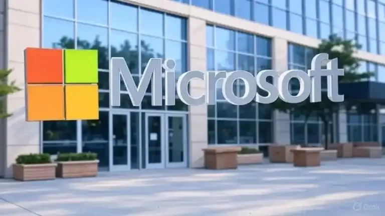 Microsoft logo with building in background.