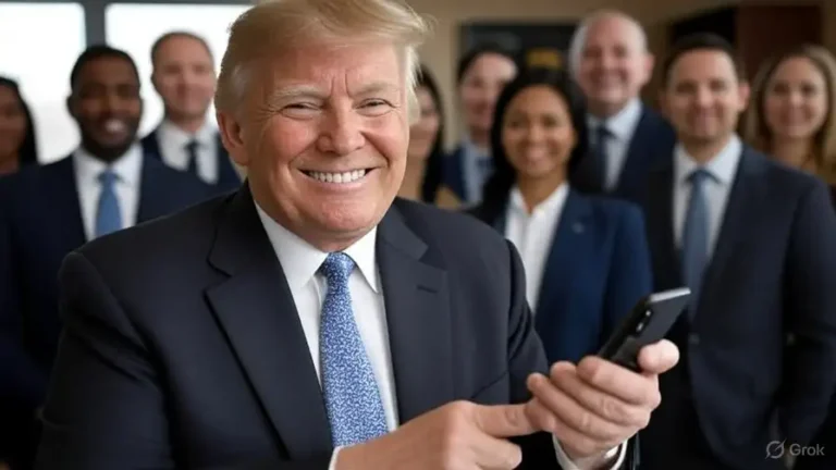 Trump holding a phone with people standing behind him