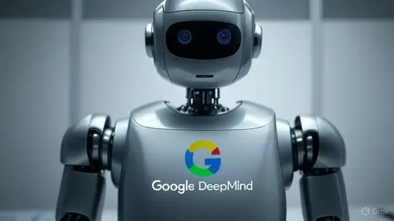 A humanoid robot operating with Google DeepMind AI, standing in a laboratory setting
