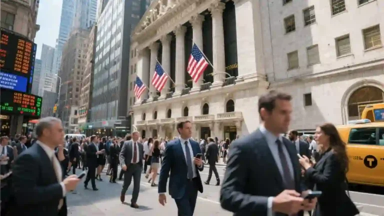 People walking on wall street with trading screen on in the background on the left