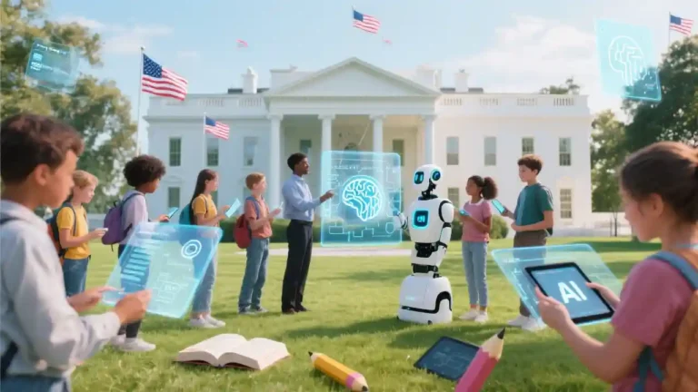 kids standing in front of the white house with a robot and AI tech gadgets with them, with a book and pencils on the ground.
