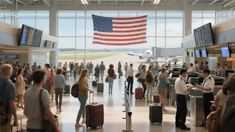 a busy airport with a lot of people and airport employees and the US flag hanging from the ceiling.