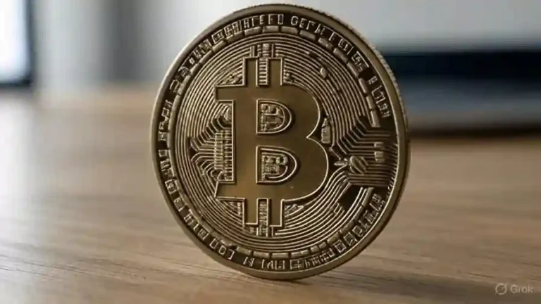 bitcoin coin vertically on a desk