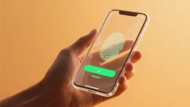 a hand holding a transparent phone using passkey login in an amber background