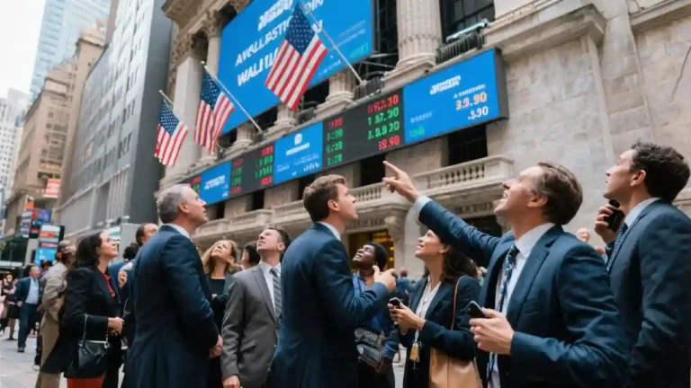 a group of men and women looking at stock charts on the screen in a street