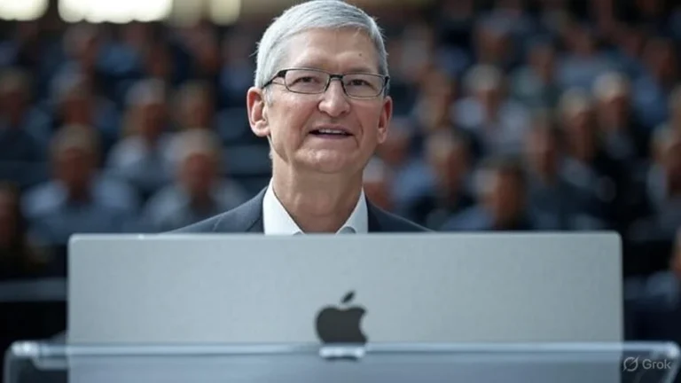 Apple CEO Tim Cook delivering a speech surrounded by an audience with a macbook in front of him